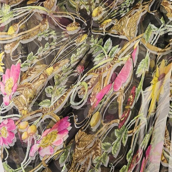 Large Silk Blend Rectangular Scarf Sheer Pink Yellow Floral on Black 42 X 76 - Picture 6 of 10